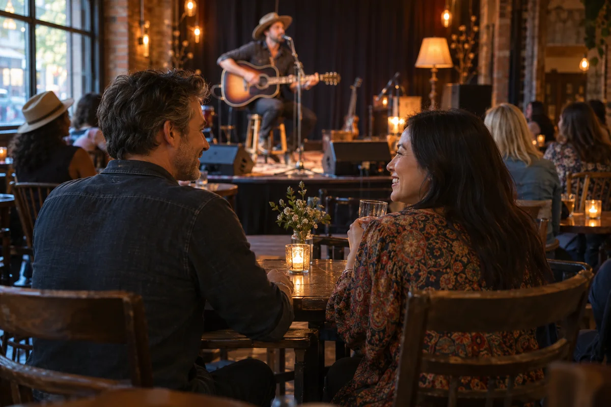 One adult man and one adult woman enjoying an acoustic songwriter performing with guitar on a small Nashville listening-room stage, audience subjects foreground and musician visibly background