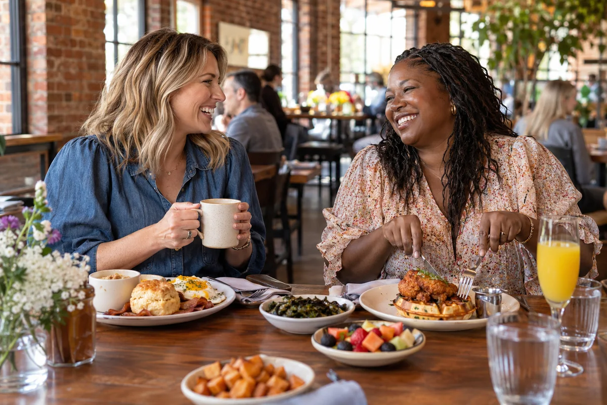Two adult women sharing a relaxed brunch at a Nashville brick-walled neighborhood restaurant with southern breakfast dishes