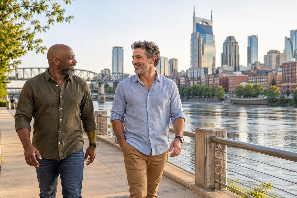 Two adult men walking beside the Cumberland River in Nashville, river and downtown skyline softly distant