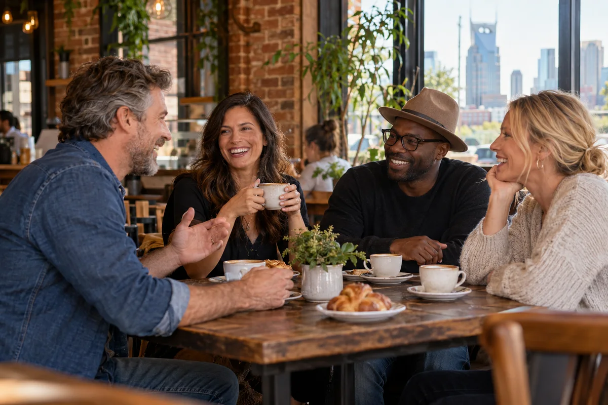 Four adult friends, two men and two women, chatting around a cafe table with four coffee cups in a Nashville neighborhood cafe, warm brick and wood